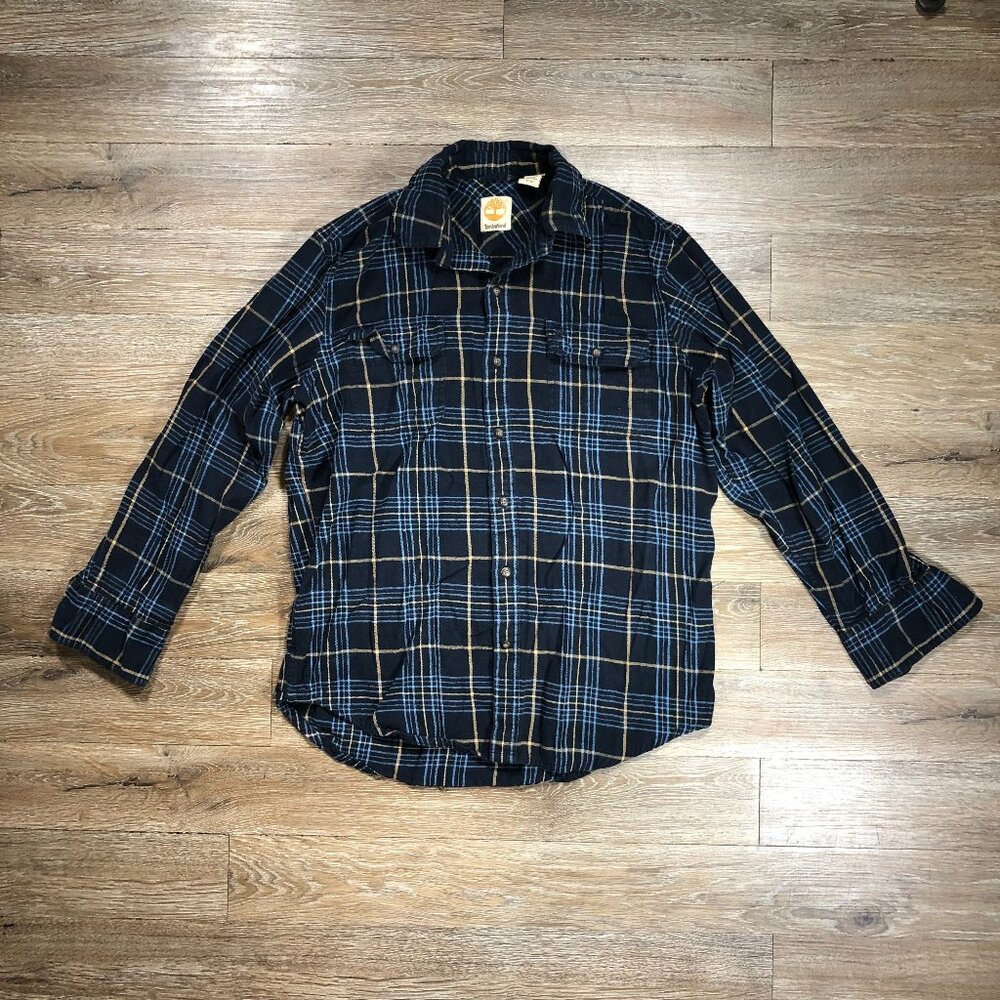 Timberland Men Medium Midweight Classic Cotton Flannel Shirt Blue Cream Plaid
